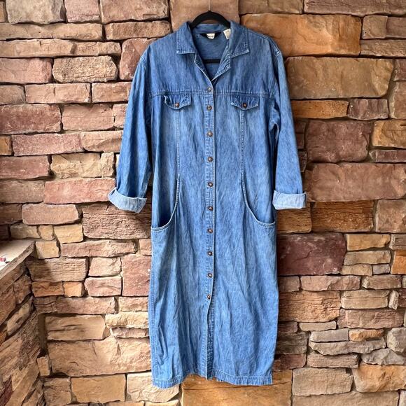VTG Eddie Bauer Denim Long Sleeve Button Up Maxi Dress Prairie Cottage Modest - Picture 1 of 16
